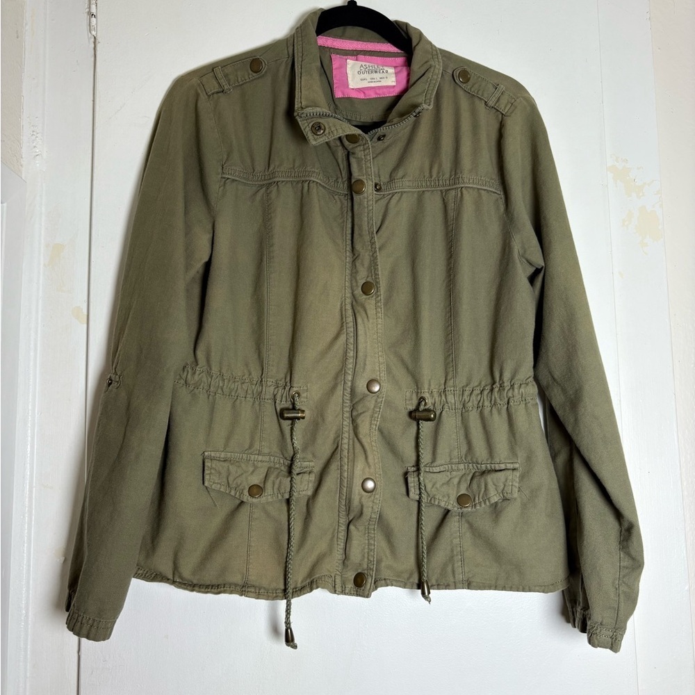Classic Y2K Olive Utility Jacket with Adjustable Waist -Juniors Large/Womens Med